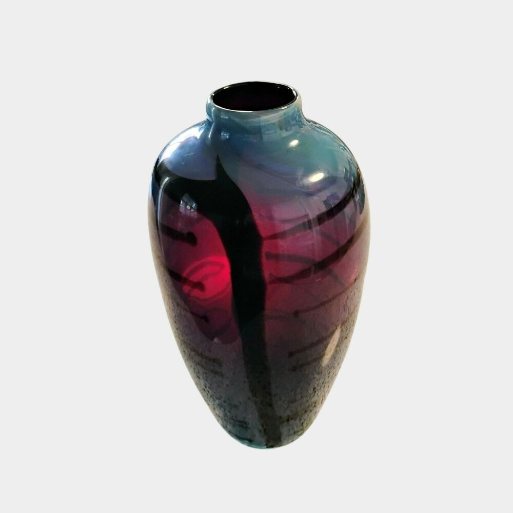 Handblown Iridescent Art Glass Vase With Abstract Design Blue & Purple Tones 12" - Picture 3 of 16